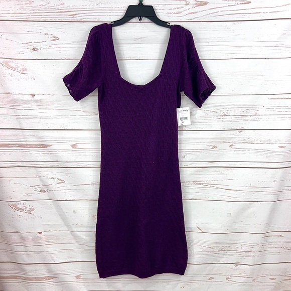 NWT Free People Amythyst Purple Crochet Knit Low Back Puff Sleeve Bodycon Dress - Picture 8 of 13